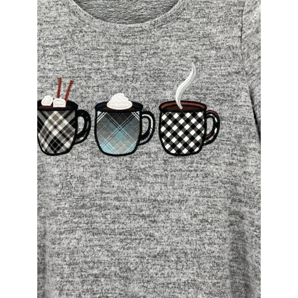Cactus + Pearl Sweater Hi Low Women’s Medium Embroidery Grey Coffee Hot Cocoa